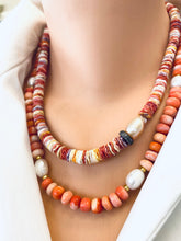 Load image into Gallery viewer, Multi Pectin Shell Heishi Beads Necklace w a Single Pearl &amp; Diamond Pave Details, 18&quot;in
