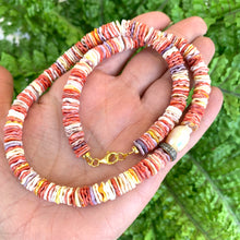 Load image into Gallery viewer, Multi Pectin Shell Heishi Beads Necklace w a Single Pearl &amp; Diamond Pave Details, 18&quot;in
