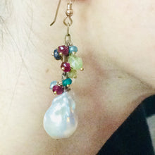 Load image into Gallery viewer, Mixed Gemstones Cluster Earrings w Baroque Pearls
