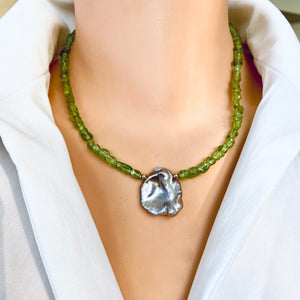 Peridot and Baroque Pearl Necklace, August Birthstone Necklace, Olivine Green Peridot Jewelry, Gold Filled, 17"inches