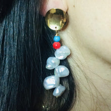 Cargar imagen en el visor de la galería, Gold Plated Dangle Drop Earrings featuring Baroque Keshi Pearls, Freshwater Pearls, and Vibrant Gemstones
