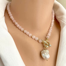 Charger l&#39;image dans la galerie, Rose Quartz Necklace w Baroque Pearl, Gold Plated Tulip Toggle Clasp, 16.5&quot;or 17.5&#39; inches
