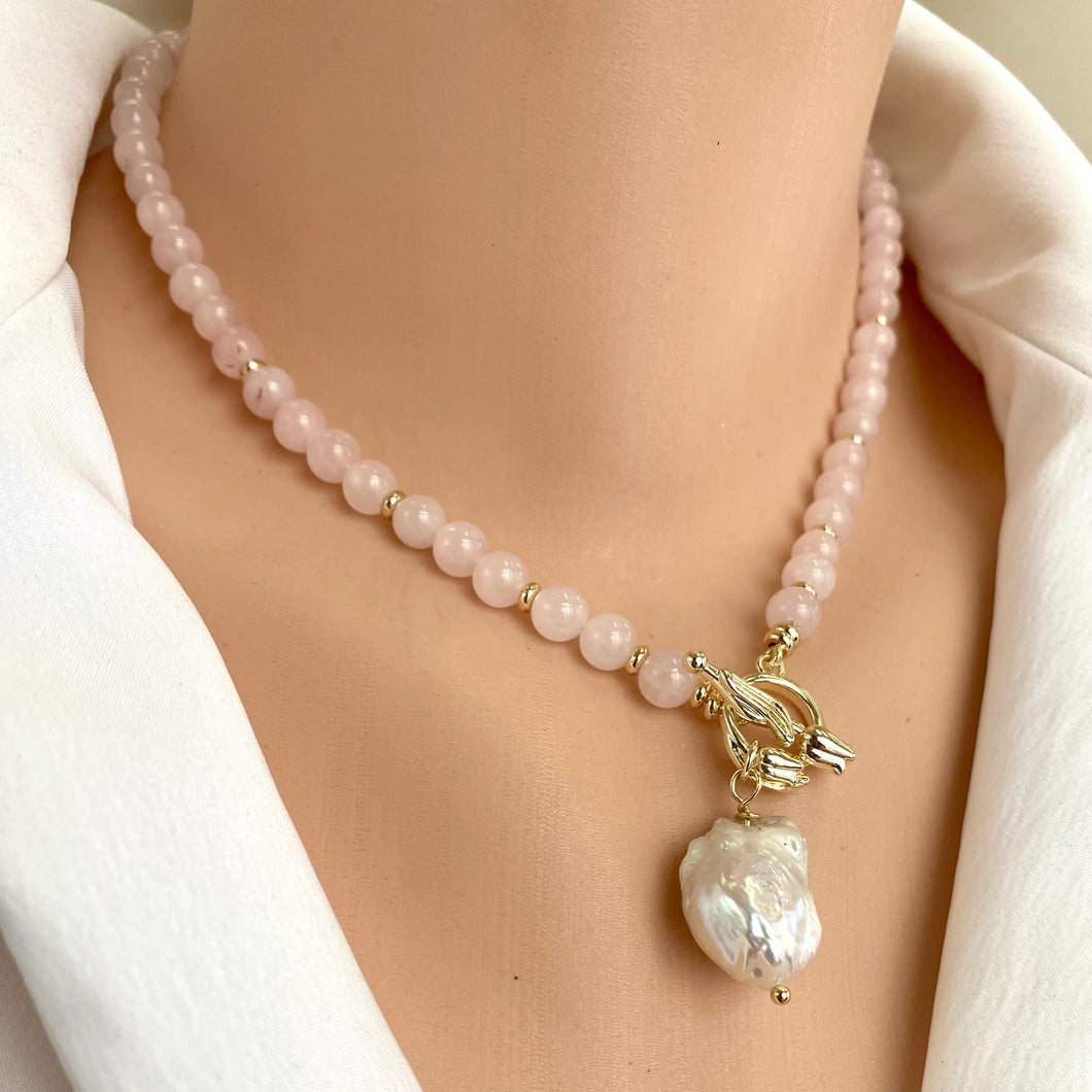 Rose Quartz Necklace w Baroque Pearl, Gold Plated Tulip Toggle Clasp, 16.5