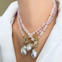 Charger l&#39;image dans la galerie, Rose Quartz Necklace w Baroque Pearl, Gold Plated Tulip Toggle Clasp, 16.5&quot;or 17.5&#39; inches
