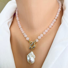 Load image into Gallery viewer, Rose Quartz Necklace w Baroque Pearl, Gold Plated Tulip Toggle Clasp, 16.5&quot;or 17.5&#39; inches
