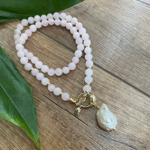 Rose Quartz Necklace w Baroque Pearl, Gold Plated Tulip Toggle Clasp, 16.5"or 17.5' inches