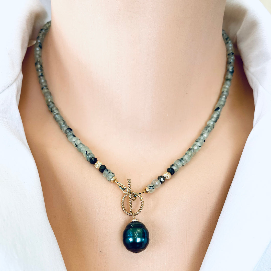 Green Prehnite Beads and Tahitian Baroque Pearl Toggle Necklace, 18
