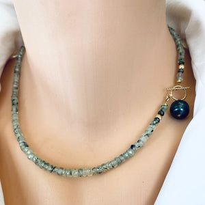 Green Prehnite Beads and Tahitian Baroque Pearl Toggle Necklace, 18"inches