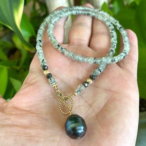 Green Prehnite Beads and Tahitian Baroque Pearl Toggle Necklace, 18"inches