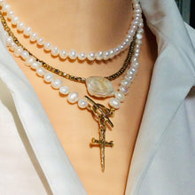 Load image into Gallery viewer, Freshwater Pearl Necklace, Cross Pendant Necklace, Religious Jewelry
