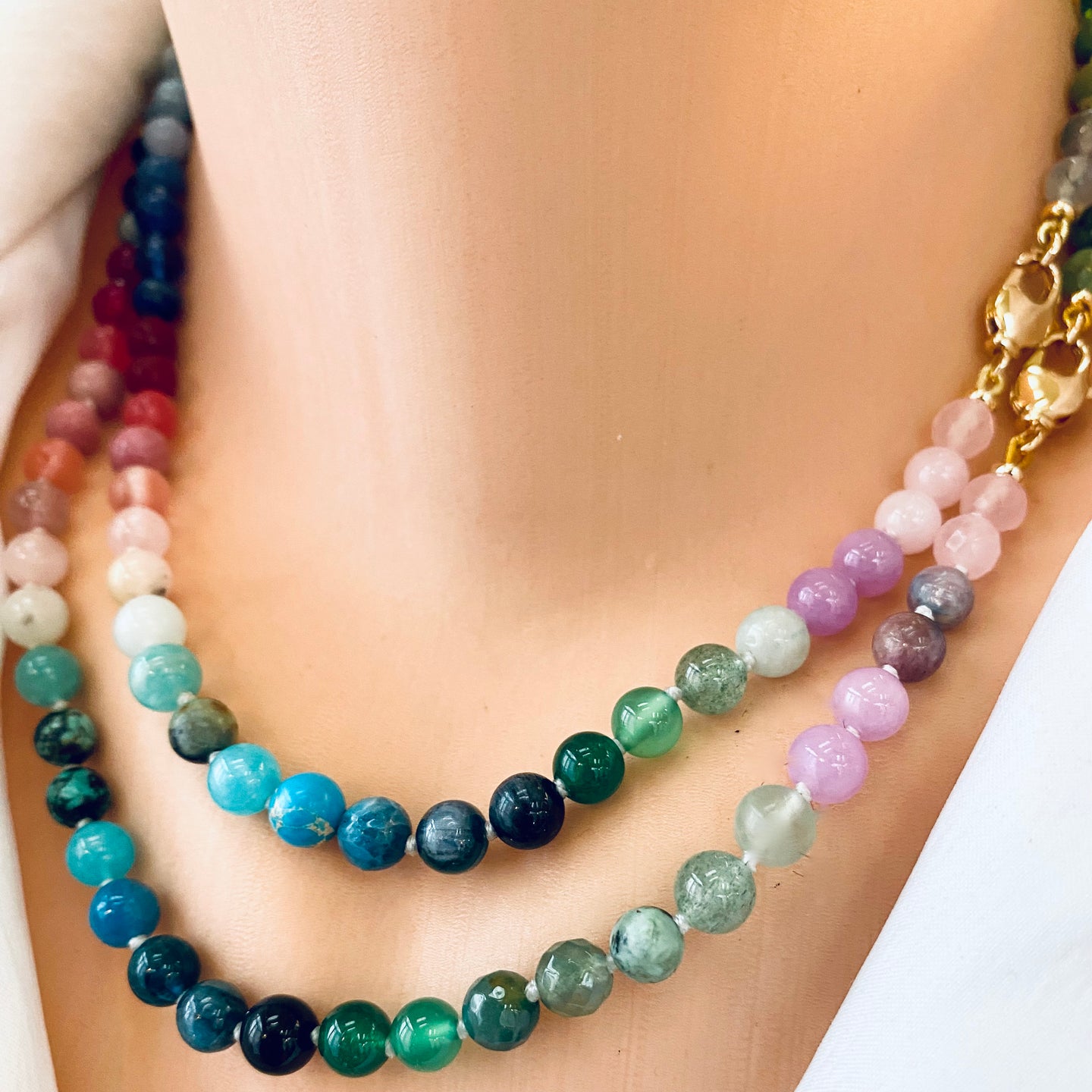 Mini Rainbow Candy Necklace, Skittles Taste Multi Gemstones Necklace, Gold Plated, 16