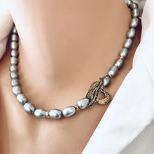 Lade das Bild in den Galerie-Viewer, Grey Pearl Necklace w Artisan Gold Bronze Heart Toggle Clasp &amp; Gold Filled, 17.5 inches
