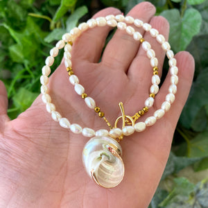Real Seashell & Freshwater Pearl Beaded Necklace White Shell Pendant, 19"-20"inches