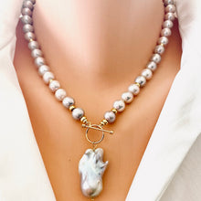 Load image into Gallery viewer, Lavender Pink Round Pearl Necklace w Baroque Pearl Charm Pendant, Vermeil Details, 18&quot;Inches
