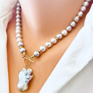 Lavender Pink Round Pearl Necklace w Baroque Pearl Charm Pendant, Vermeil Details, 18"Inches
