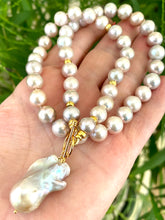 Load image into Gallery viewer, Lavender Pink Round Pearl Necklace w Baroque Pearl Charm Pendant, Vermeil Details, 18&quot;Inches
