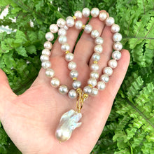 Load image into Gallery viewer, Lavender Pink Round Pearl Necklace w Baroque Pearl Charm Pendant, Vermeil Details, 18&quot;Inches
