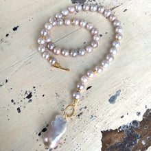 Load image into Gallery viewer, Lavender Pink Round Pearl Necklace w Baroque Pearl Charm Pendant, Vermeil Details, 18&quot;Inches
