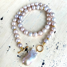 Load image into Gallery viewer, Lavender Pink Round Pearl Necklace w Baroque Pearl Charm Pendant, Vermeil Details, 18&quot;Inches
