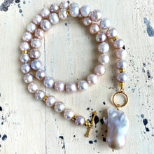 Load image into Gallery viewer, Lavender Pink Round Pearl Necklace w Baroque Pearl Charm Pendant, Vermeil Details, 18&quot;Inches
