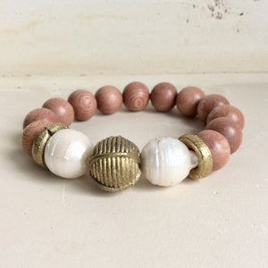 Rosewood & Freshwater Baroque pearls w African Brass Bracelet