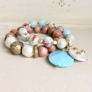 Rosewood & Freshwater Baroque pearls w African Brass Bracelet