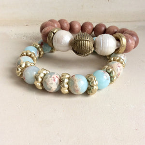 Rosewood & Freshwater Baroque pearls w African Brass Bracelet