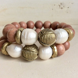 Rosewood & Freshwater Baroque pearls w African Brass Bracelet