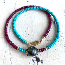 Lade das Bild in den Galerie-Viewer, Turquoise &amp; Ruby Necklace w Tahitian Baroque Pearl, Gold Filled, 17&quot;inches, December &amp; July Birthstone
