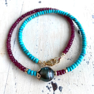 Turquoise & Ruby Necklace w Tahitian Baroque Pearl, Gold Filled, 17"inches, December & July Birthstone