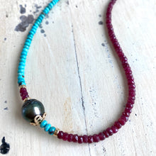 Lade das Bild in den Galerie-Viewer, Turquoise &amp; Ruby Necklace w Tahitian Baroque Pearl, Gold Filled, 17&quot;inches, December &amp; July Birthstone
