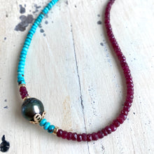 Load image into Gallery viewer, Turquoise &amp; Ruby Necklace w Tahitian Baroque Pearl, Gold Filled, 17&quot;inches, December &amp; July Birthstone
