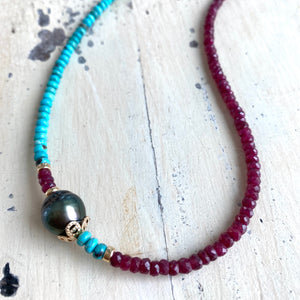 Turquoise & Ruby Necklace w Tahitian Baroque Pearl, Gold Filled, 17"inches, December & July Birthstone