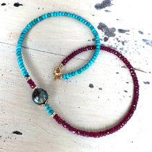 Lade das Bild in den Galerie-Viewer, Turquoise &amp; Ruby Necklace w Tahitian Baroque Pearl, Gold Filled, 17&quot;inches, December &amp; July Birthstone

