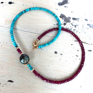 Turquoise & Ruby Necklace w Tahitian Baroque Pearl, Gold Filled, 17"inches, December & July Birthstone