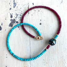 Lade das Bild in den Galerie-Viewer, Turquoise &amp; Ruby Necklace w Tahitian Baroque Pearl, Gold Filled, 17&quot;inches, December &amp; July Birthstone
