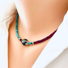 Lade das Bild in den Galerie-Viewer, Turquoise &amp; Ruby Necklace w Tahitian Baroque Pearl, Gold Filled, 17&quot;inches, December &amp; July Birthstone
