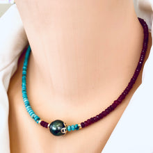 Lade das Bild in den Galerie-Viewer, Turquoise &amp; Ruby Necklace w Tahitian Baroque Pearl, Gold Filled, 17&quot;inches, December &amp; July Birthstone
