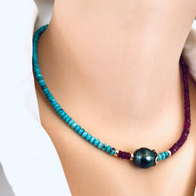 Lade das Bild in den Galerie-Viewer, Turquoise &amp; Ruby Necklace w Tahitian Baroque Pearl, Gold Filled, 17&quot;inches, December &amp; July Birthstone
