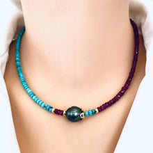 Carica l&#39;immagine nel visualizzatore di Gallery, Turquoise &amp; Ruby Necklace w Tahitian Baroque Pearl, Gold Filled, 17&quot;inches, December &amp; July Birthstone
