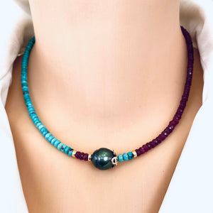 Turquoise & Ruby Necklace w Tahitian Baroque Pearl, Gold Filled, 17"inches, December & July Birthstone