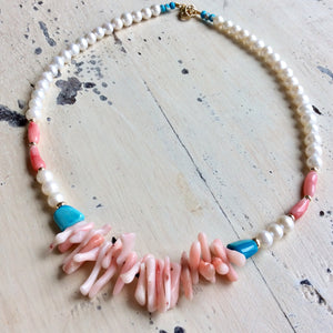 Pink Coral w pearls & Turquoise Necklace, Gold Filled, 18"in