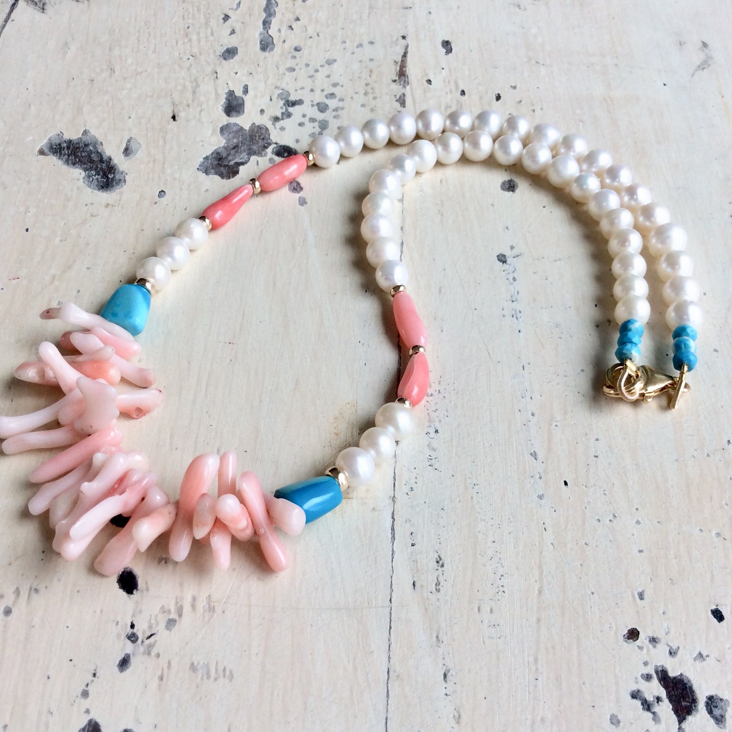Pink Coral, pearls & Turquoise Necklace 14k GF