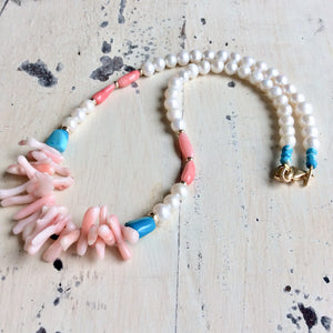 Pink Coral w pearls & Turquoise Necklace, Gold Filled, 18"in