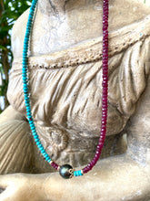 Lade das Bild in den Galerie-Viewer, Turquoise &amp; Ruby Necklace w Tahitian Baroque Pearl, Gold Filled, 17&quot;inches, December &amp; July Birthstone
