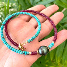 Lade das Bild in den Galerie-Viewer, Turquoise &amp; Ruby Necklace w Tahitian Baroque Pearl, Gold Filled, 17&quot;inches, December &amp; July Birthstone
