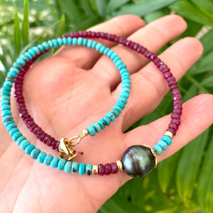 Turquoise & Ruby Necklace w Tahitian Baroque Pearl, Gold Filled, 17"inches, December & July Birthstone