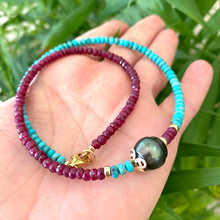 Lade das Bild in den Galerie-Viewer, Turquoise &amp; Ruby Necklace w Tahitian Baroque Pearl, Gold Filled, 17&quot;inches, December &amp; July Birthstone
