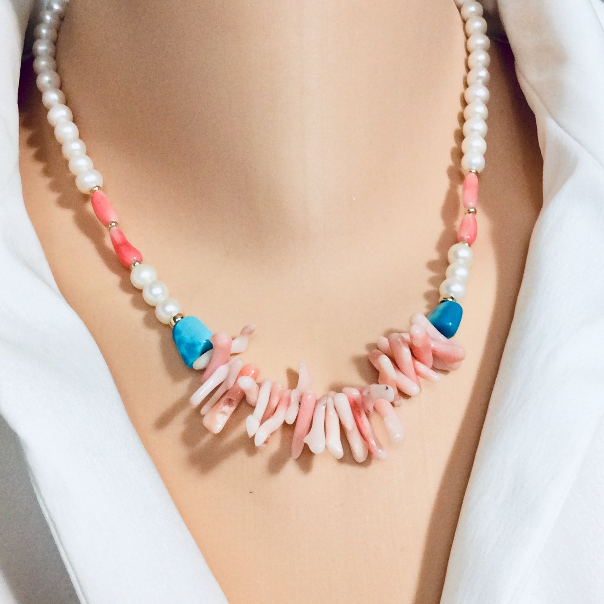 Pink Coral w pearls & Turquoise Necklace, Gold Filled, 18