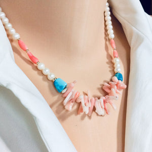 Pink Coral w pearls & Turquoise Necklace, Gold Filled, 18"in